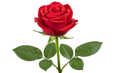 red rose with green stem and leaves, isolated on transparent background.
