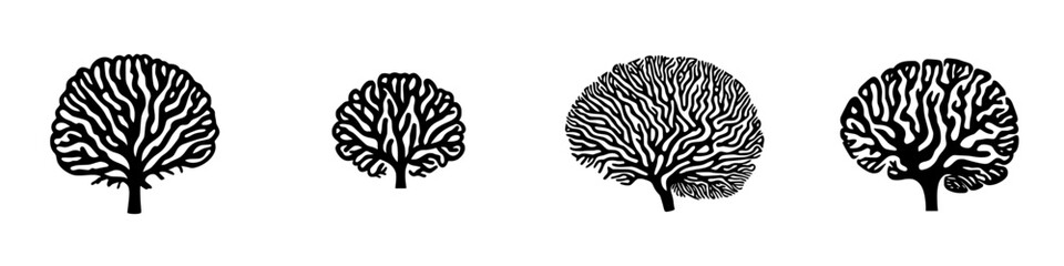 Obraz premium Stylized black-and-white vector illustration of trees in minimalist silhouette design showing variations of foliage and form