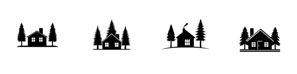 Naklejka premium Minimalist black-and-white vector icons of houses with trees, representing various home styles