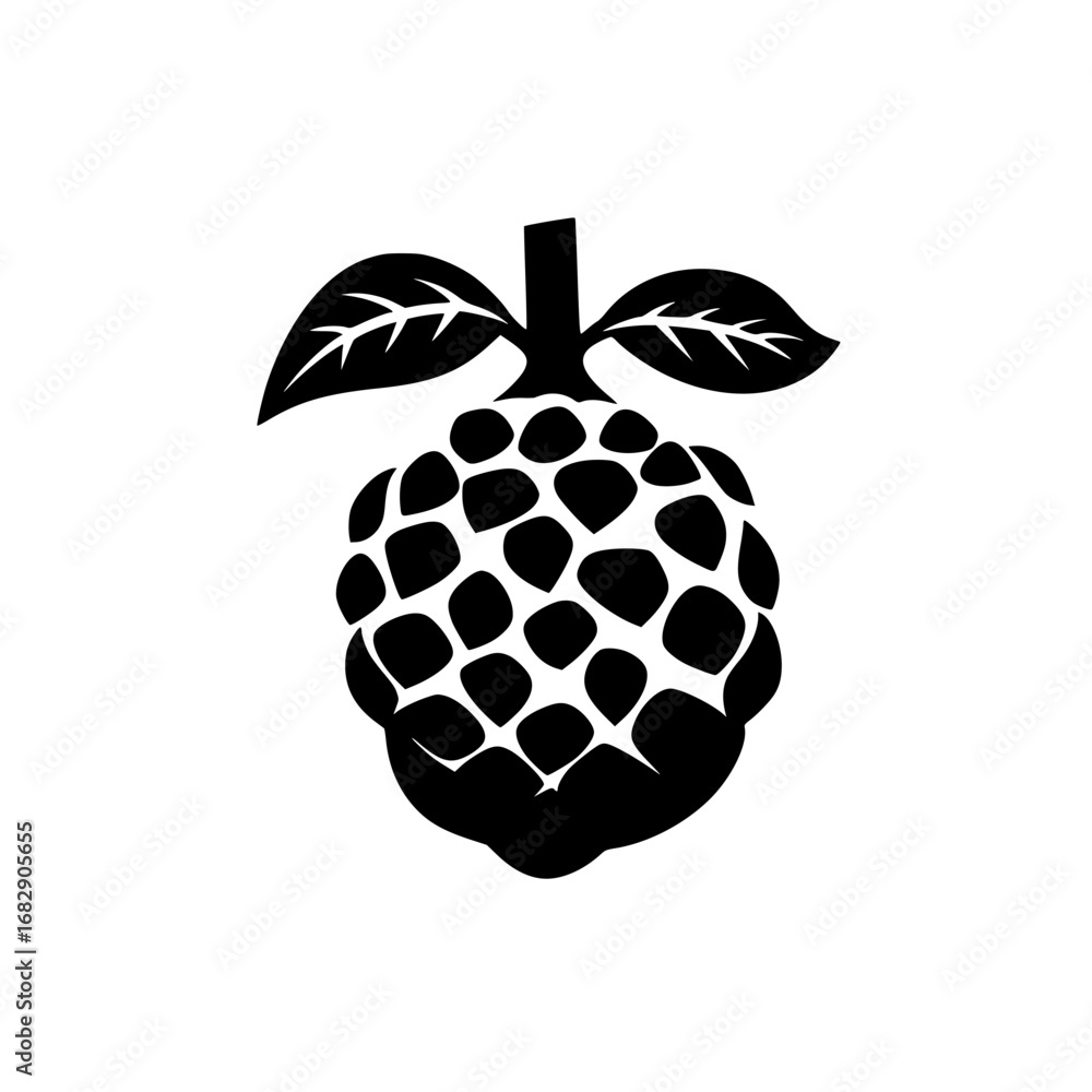 Poster Black-and-white minimalist vector illustration of a raspberry with leaves in a simple silhouette design