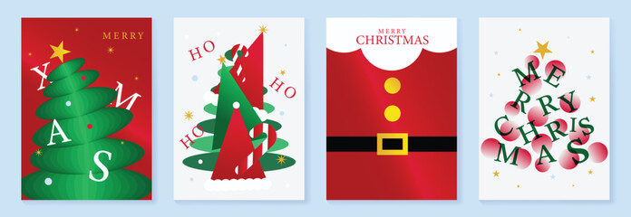 Christmas and Happy Holidays poster vector set. Modern new year card template with christmas tree, santa, candy cane on white and red gradient background. Design for cover, website, promotion, ads.
