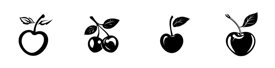 Obraz premium Variety of cherry silhouettes in black-and-white minimalist vector style showcasing different fruit illustrations