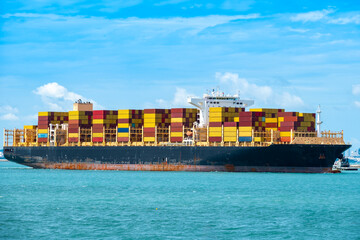Aerial view of the freight shipping transport system cargo ship container. international...