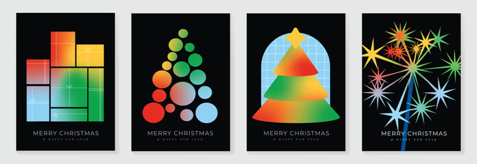 Fototapeta na wymiar Christmas and Happy Holidays poster vector set. Modern new year card template with christmas tree, gift, firework on dark background. Design for cover, website, promotion, ads.