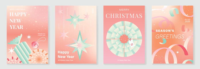 Fototapeta na wymiar Christmas and Happy Holidays poster vector set. Modern new year card template with gift, ribbon, bell on red pink orange gradient background. Design for cover, website, promotion, ads.