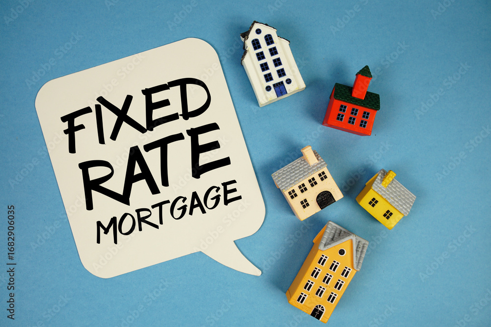 Poster Fixed-Rate Mortgage text with house models on blue background