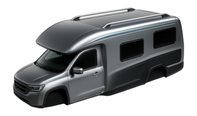 Streamlined camper truck with flush-mounted windows and sleek paint job