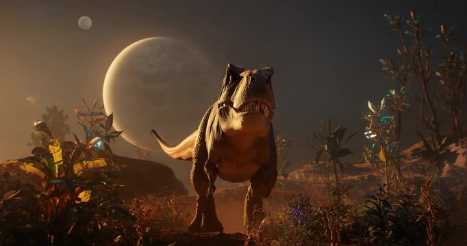 Dusk deepening, emerging T rex stepping forward roaring on rocky plain with rising planet and moon