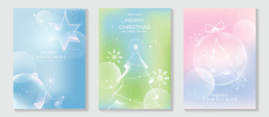 Fototapeta na wymiar Christmas and Happy Holidays poster vector set. Modern new year card template with christmas tree, bauble, star on green blue pink gradient background. Design for cover, website, promotion, ads.