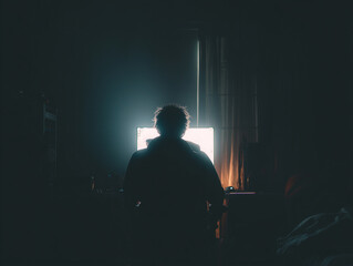 lone gamer silhouette facing a bright monitor in a dark room