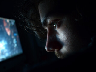 player’s face illuminated only by computer screen light, rest of the room dark
