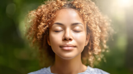 A Black woman in sportswear standing outdoors with her eyes closed and head tilted upwards, smiling gently while taking deep breaths, emphasizing fitness, relaxation, and healthy lifestyle for wellnes
