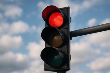 Traffic light against cloudy sky.