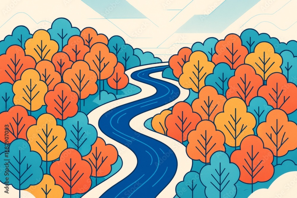 Aufkleber abstract colorful forest landscape with winding river and stylized trees in autumn tones on bright b
