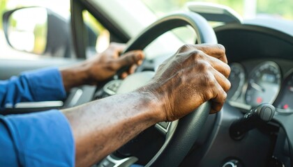 African-American man's hands firmly grasp a steering wheel, ready to drive. A blue shirt and blurred greens hint at being in transit