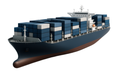 Container ship with a blue and white color scheme and visible stern thrusters