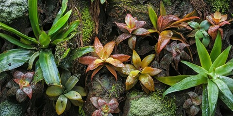 Obraz premium A vibrant display of various bromeliads and succulents, set against a textured, mossy backdrop, showcasing a rich spectrum of tropical greens, oranges, and reds.