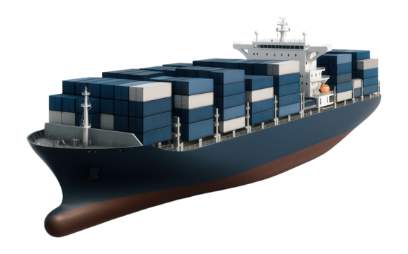 Container ship with a blue and white color scheme and visible stern thrusters