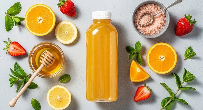 Fruit Juice Bottle with Orange, Lemon, Honey, Salt, and Strawberries | Refreshing Healthy Drink for Wellness and Nutrition Marketing