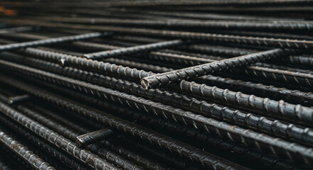 Close-up of newly manufactured construction rebar with textured surface
