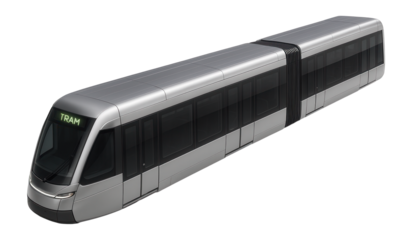 Double-articulated tram with streamlined contours and LED destination displays