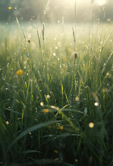 morning dew on the grass with yellow flowers