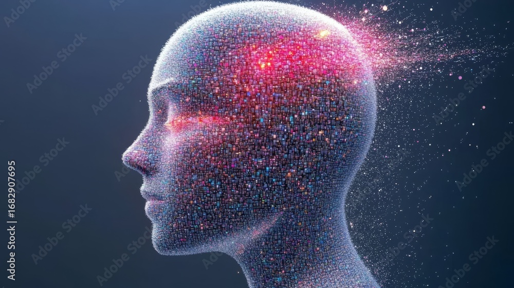 Poster abstract ai transformation with vibrant neural network activity and pixelated data head design