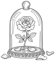 Rose vector illustration of a single blooming flower enclosed under a decorative glass dome with scattered petals arranged in an elegant botanical composition in a clean outlined drawing © Crafter