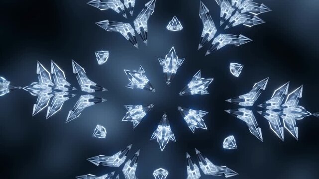 Macro Shot of Snowflake Expanding into Infinite Fractal Pattern of Ice and Glowing Sub-Zero Light, Surreal Symmetrical Winter Geometry Animation, Abstract Futuristic Loop