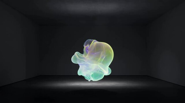 Abstract Glowing Liquid Sculpture Melting and Reforming into Impossible Shapes with Vibrant Colors in Dark Gallery Space, Surreal Futuristic Motion Background Animation, Seamless Loop