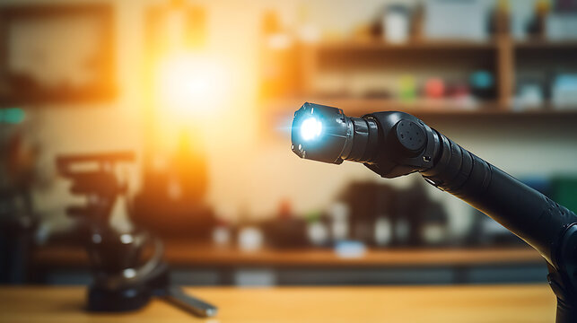 Handheld flashlight emitting bright light in a workshop setting