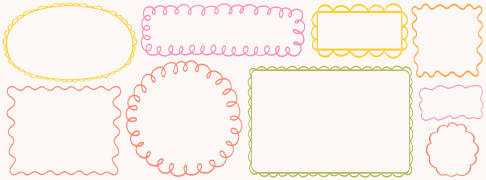 Decoration frame set. Cute wavy lace and curly wedding frames. Vector hand drawn oval, round and rectangle vintage border set. Elegant classic line decorations with zigzag and whimsy edges.