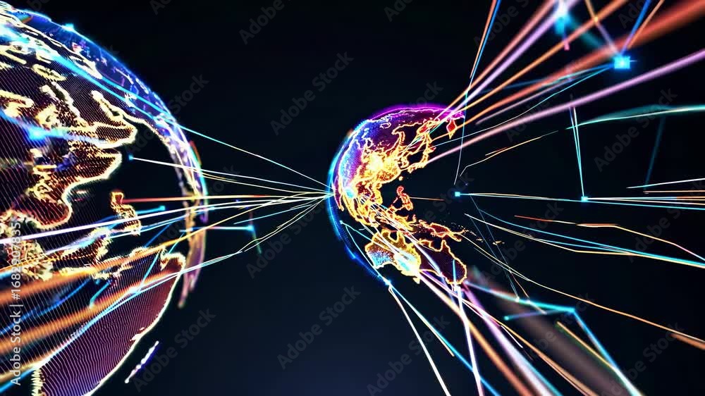 Poster glowing lines connect vibrant continents on a virtual globe. the globe's continents and lines depict