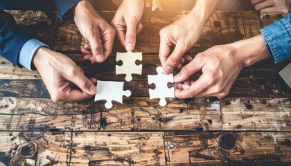 Hands place jigsaw pieces on a weathered wooden surface, symbolizing connection and problem-solving. Light streams down