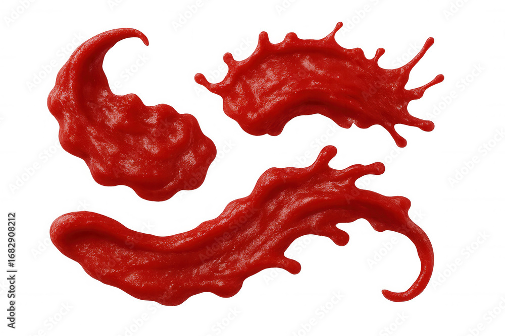 Poster ketchup splashing dynamically, creating vivid red arcs against transparent surface with glossy, flui