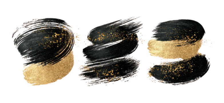 Abstract design of three textured, overlapping shapes in black and gold