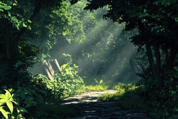 Fototapeta premium A sun-dappled forest path winds through lush greenery, bathed in a soft, ethereal light.