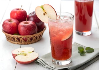 Refreshing red apple juice drink with fresh apples and ice