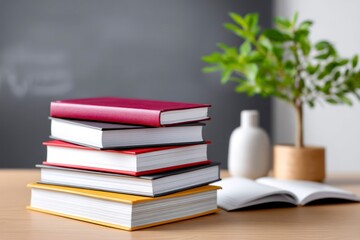 Stack of colorful books on a wooden table with a plant background  