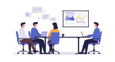 Collaborative office meeting with professionals analyzing data on digital devices