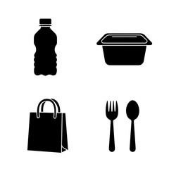 Plastic products filled silhouette set with bottles containers bags and utensils