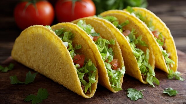 Crisp golden tacos cradle vibrant lettuce and tomatoes, evoking Taco Tuesday delight and National Avocado Day celebration