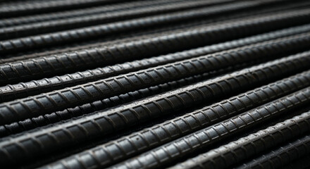 Close-up of newly manufactured construction rebar with textured surface
