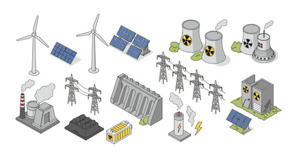 Isometric renewable and nuclear energy sources with solar panels and wind turbines