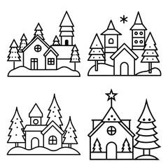 christmas village vector line art icon set