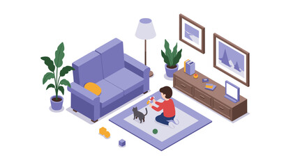 Obraz premium Isometric living room scene with child playing with cat and toys