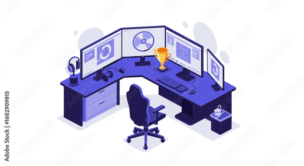 Aufkleber modern gaming setup with multiple screens and gaming accessories in isometric style