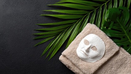 Face mask on a towel with tropical leaves