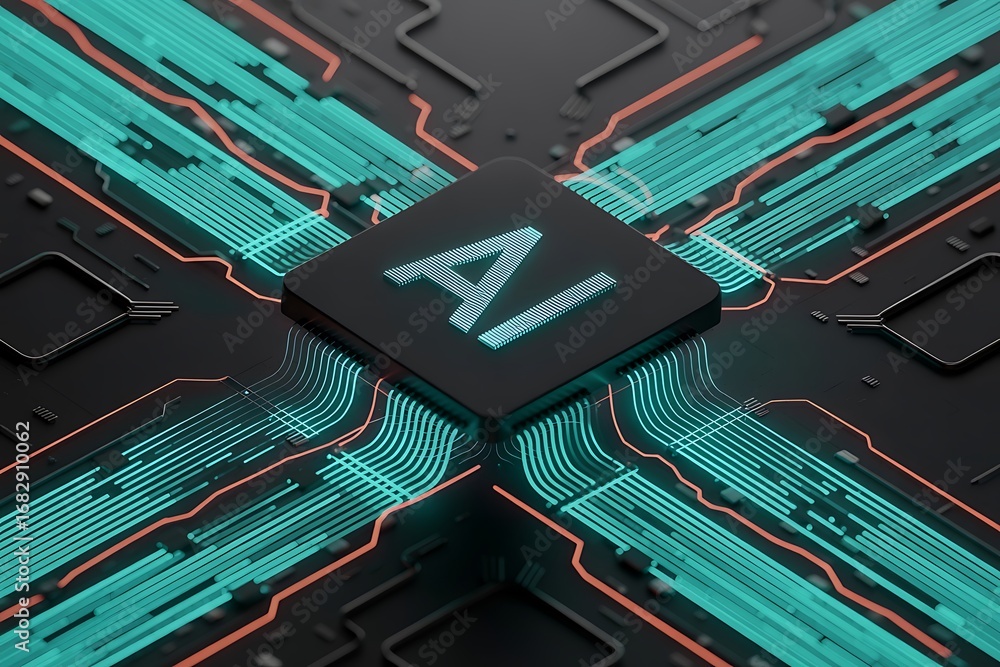 Poster advanced ai processor with teal and orange glowing circuitry artificial intelligence