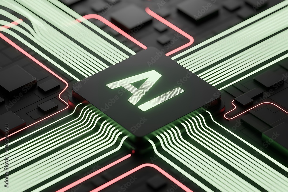 Poster ai microchip with glowing green and red circuit board connections artificial intelligence